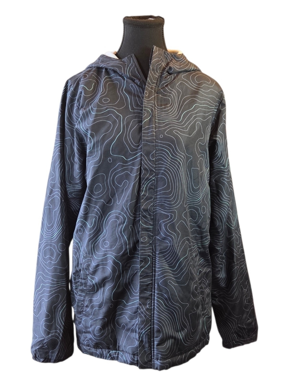 Bass Pro Shops Black Hooded Kids Coat with Topographic Print Size 12-14